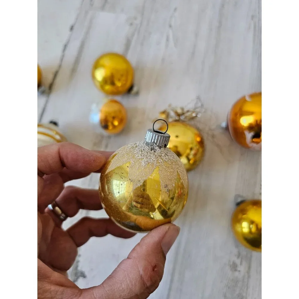 Vintage Mercury glass yellow ball ornament‎ set striped glitter tinsel